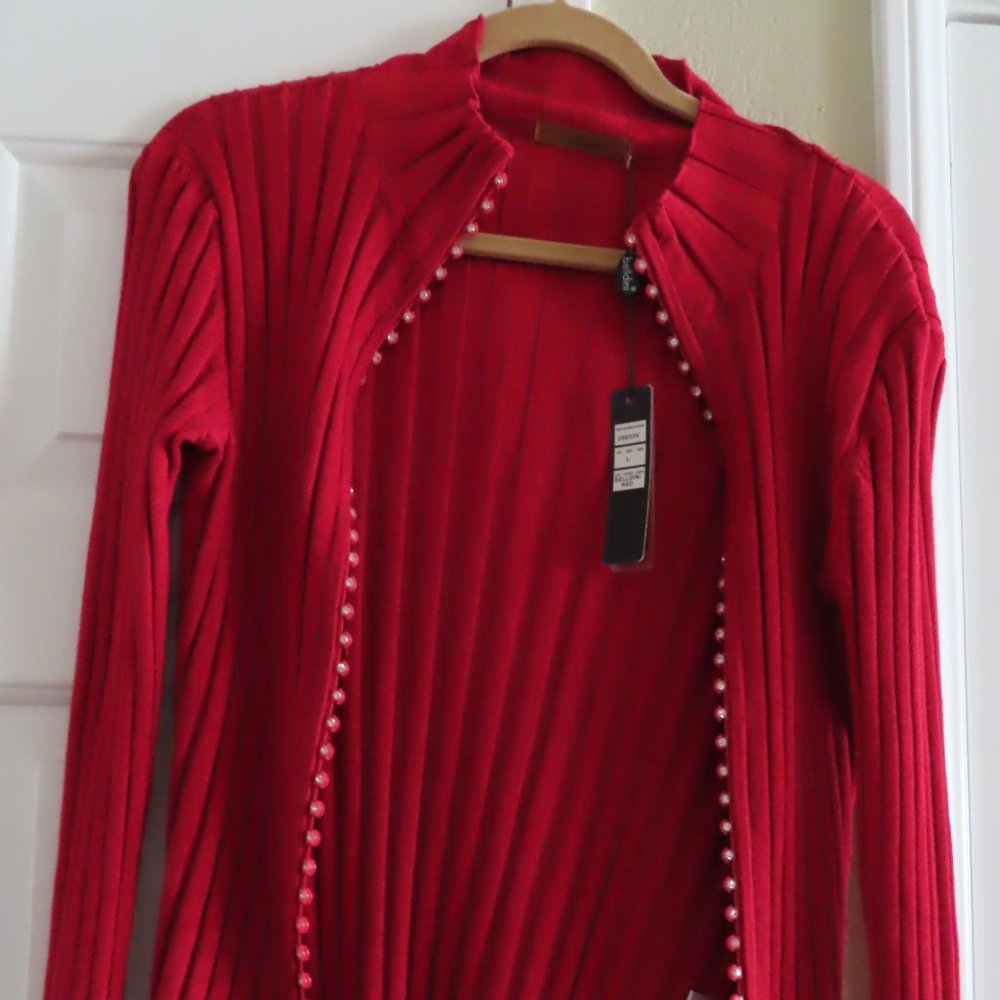 Belldini Sweater Large Red Cardigan Rhinestone Zipper Ribbed Knit Fitted Womens